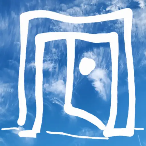 A photo of a blue sky with angel feather clouds and an overlay with an illustration using white lines of an open doore.